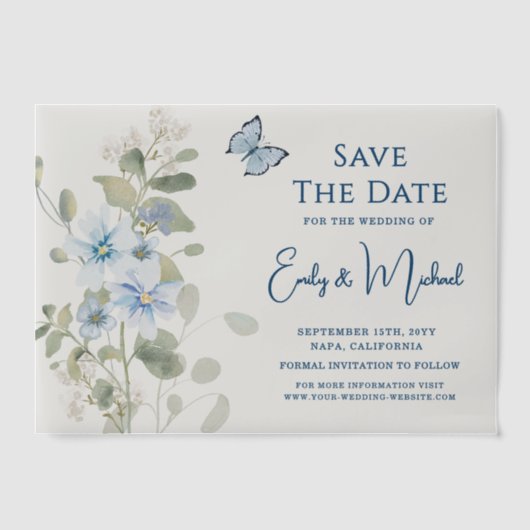 Romantische stoffige blauwe bloem Save the Date We Vellum Uitnodigingen (Voorkant)