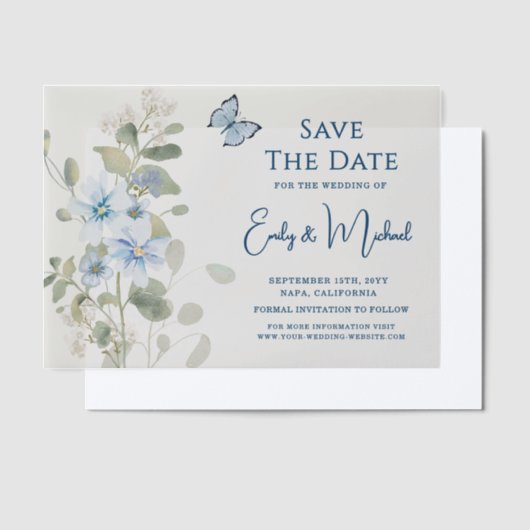 Romantische stoffige blauwe bloem Save the Date We Vellum Uitnodigingen (Offset)