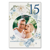 Romantische stoffige blauwe bloemenbruiloft foto kaart (Achterkant)