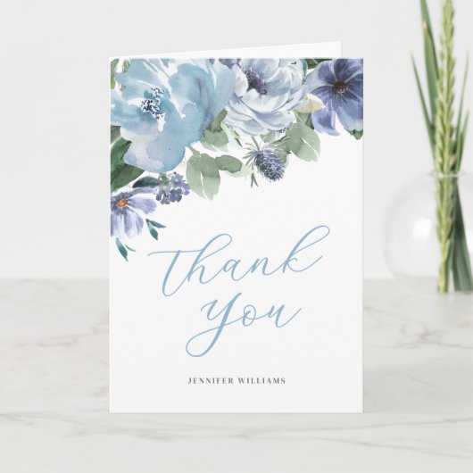 Romantische stoffige blauwe bloemige bruidsfeestpa bedankkaart (Voorkant)