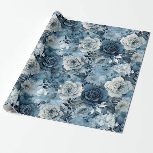 Romantische Stoffige Blauwe Rozen Cadeaupapier (Uitgerold)