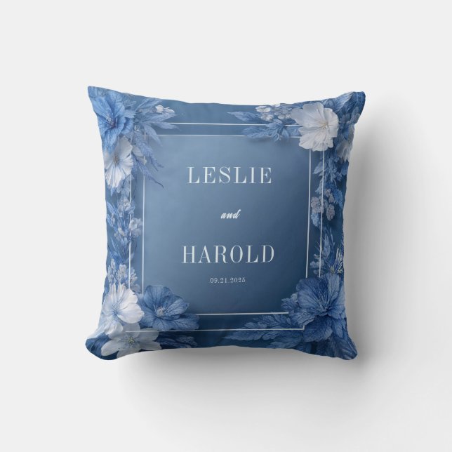 Romantische stoffige blauwe tuin bloeit bruiloft kussen (Voorkant)