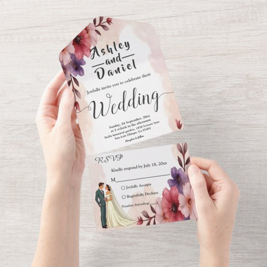 Romantische stoffige bloemenbruid en bruidegom chi all in one uitnodiging (Afscheurbaar)
