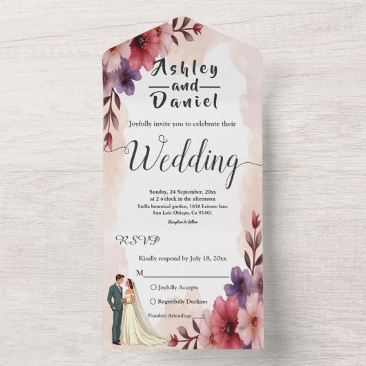 Romantische stoffige bloemenbruid en bruidegom chi all in one uitnodiging (Binnen)