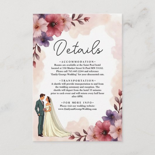 Romantische stoffige bloemenbruid en bruidegom chi informatiekaartje (Voorkant)