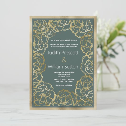 Romantische stoffige groen gouden roos bloemenbrui kaart (Staand voorkant)