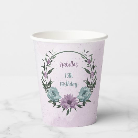 Romantische stoffige paarse en blauwe bloemen papieren bekers (Achterkant)