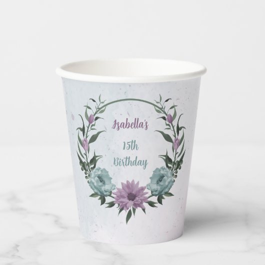 Romantische stoffige paarse en blauwe bloemen papieren bekers (Voorkant)