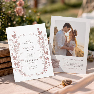 Romantische stoffige roze botanische trouwfoto save the date