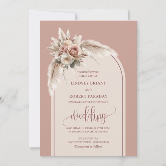 Romantische stoffige roze pampas Rozen bruiloft ui Kaart (Voorkant)