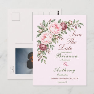 Romantische stoffige roze pioen botanische bruilof briefkaart