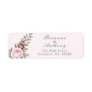 Romantische stoffige roze pioen botanische bruilof etiket