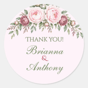 Romantische stoffige roze pioen botanische bruilof ronde sticker