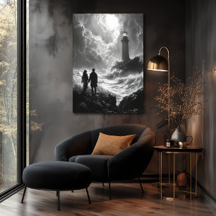 Romantische Stormachtige Kust met Vuurtoren - Hout Poster