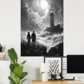 Romantische Stormy Shore met vuurtoren - Houtskool Poster (Thuiskantoor)