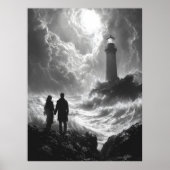Romantische Stormy Shore met vuurtoren - Houtskool Poster (Voorkant)