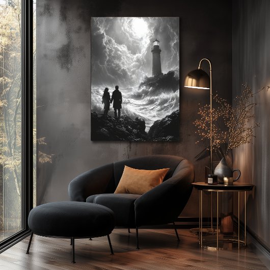 Romantische Stormy Shore met vuurtoren - Houtskool Poster