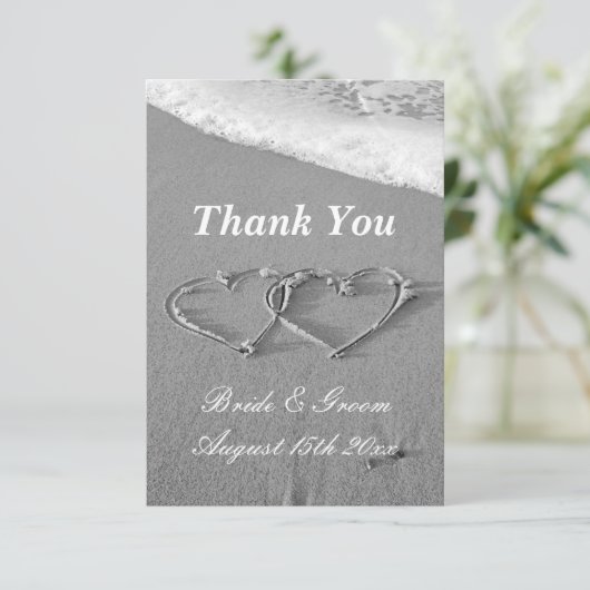 Romantische strand bruiloft zandhart tekening bedankkaart (Staand voorkant)