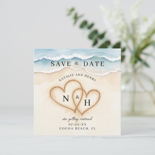 Romantische strandharten redden de datum | Waterve Save The Date (Staand voorkant)