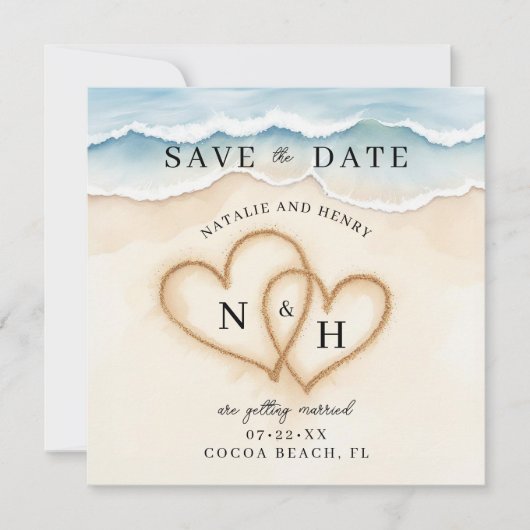 Romantische strandharten redden de datum | Waterve Save The Date (Voorkant)