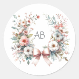 Romantische strik bloemenkraam met monogram ronde sticker