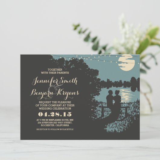 Romantische string lichten outdoor bruiloft uitnod kaart (Staand voorkant)