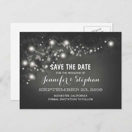 Romantische String Lichten Zwart & Wit Sla de datu Aankondigingskaart (Voorkant / Achterkant)