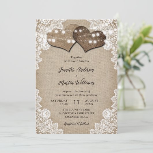 Romantische String Lights Burlap en Lace bruiloft Kaart (Staand voorkant)