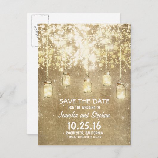 Romantische String Lights Mason Jars Sla de datum Aankondigingskaart (Voorkant / Achterkant)
