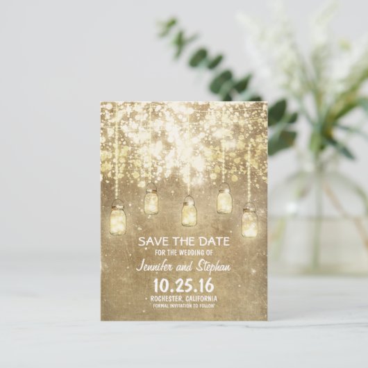 Romantische String Lights Mason Jars Sla de datum  Aankondigingskaart (Staand voorkant)