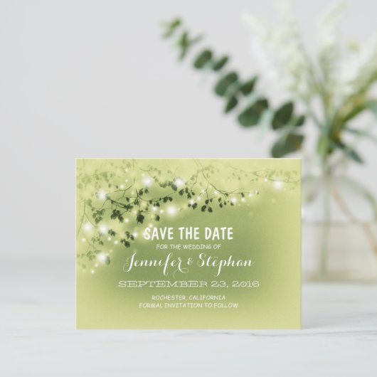 Romantische String Lights Mint Save the Date brief Aankondigingskaart (Staand voorkant)