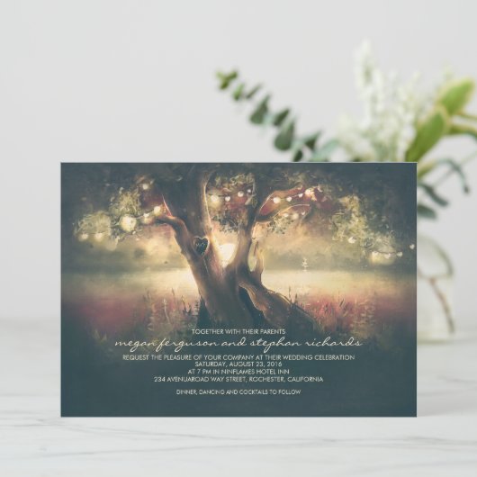 Romantische String Lights Tree - Carved Heart Wedd Kaart (Staand voorkant)