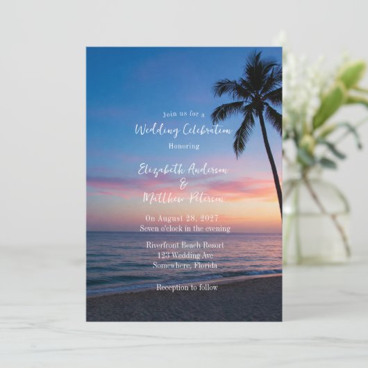 Romantische Sunset Beach bruiloft Kaart (Staand voorkant)