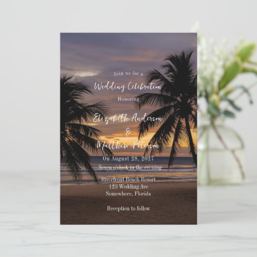 Romantische Sunset Beach bruiloft Kaart (Staand voorkant)