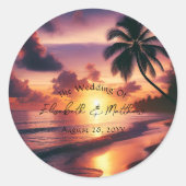 Romantische Sunset Beach bruiloft Ronde Sticker (Voorkant)