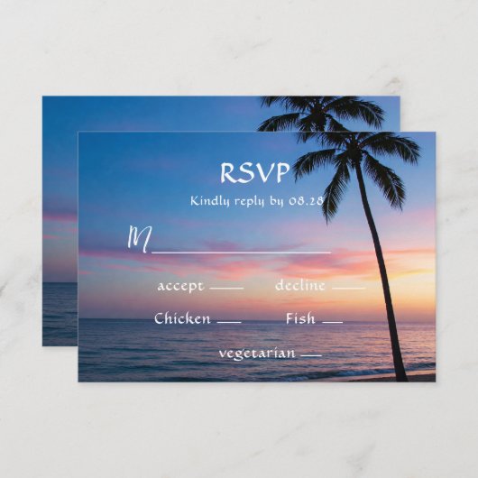 Romantische Sunset Beach bruiloft RSVP kaarten (Voorkant / Achterkant)