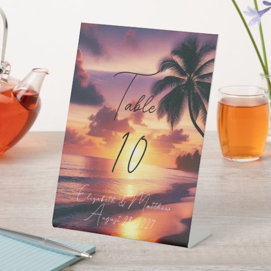Romantische Sunset Beach Trouwtafel Nummer Reclamebord Met Voetstuk (Insitu)
