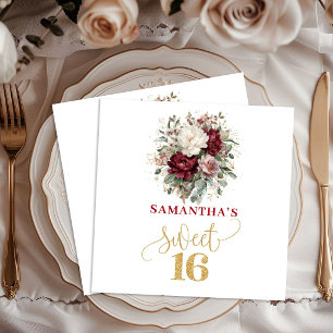Romantische Sweet 16 Blush Burgundy Bloemenservett Servet