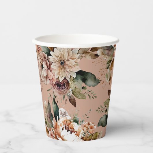 Romantische Sweet 16 | Stofachtige perzik bloemend Papieren Bekers (Voorkant)