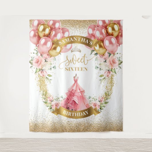 Romantische Sweet Sixteen Banner Blush Ballonnen G Wandkleed (Voorkant)
