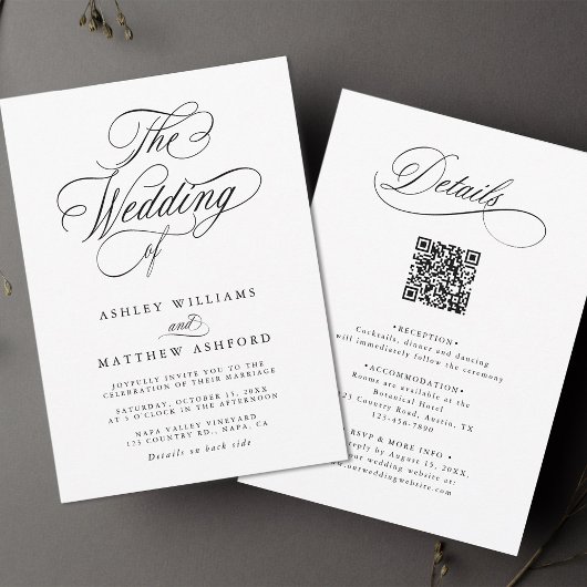 Romantische swirly kalligrafie alles in één bruilo kaart