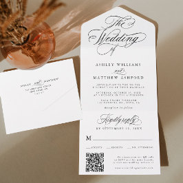 Romantische swirly kalligrafie bruiloft all in one uitnodiging