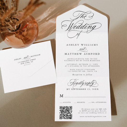 Romantische swirly kalligrafie bruiloft all in one uitnodiging