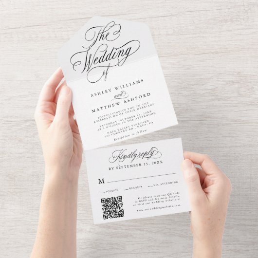 Romantische swirly kalligrafie bruiloft all in one uitnodiging (Afscheurbaar)