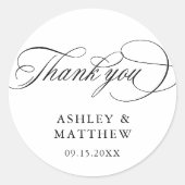 Romantische swirly kalligrafie bruiloft dank u ronde sticker (Voorkant)