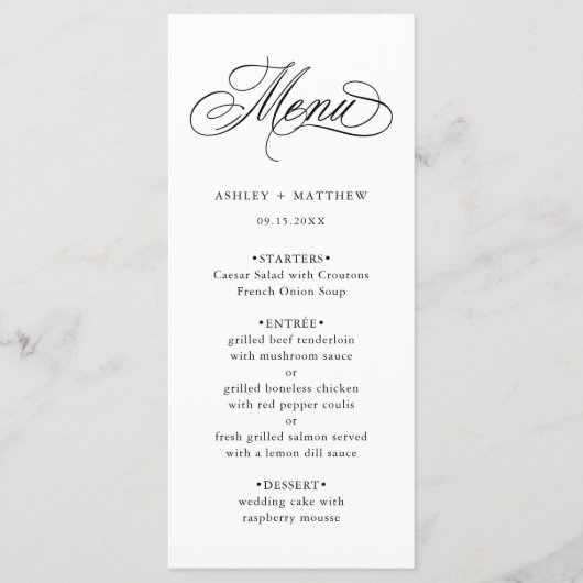 Romantische swirly kalligrafie bruiloft menu (Voorkant)