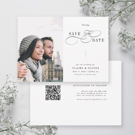 Romantische swirly kalligrafie QR code bruiloft fo Save The Date