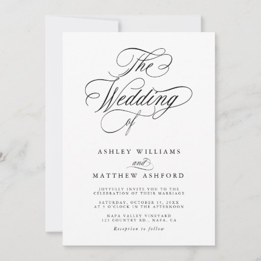 Romantische swirly kalligrafie zwart & wit bruilof kaart (Voorkant)