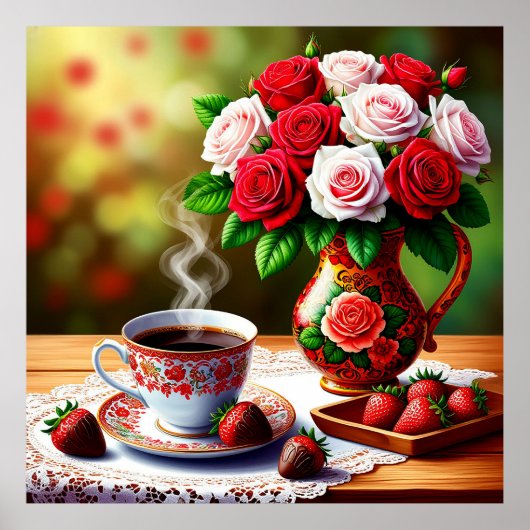 Romantische tafelopstelling met rozen, koffie poster (Voorkant)