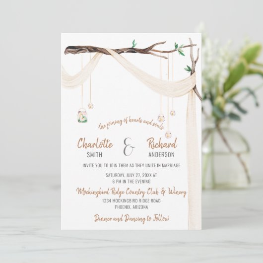 Romantische tak met Drape en Mason Jar Lights Kaart (Staand voorkant)